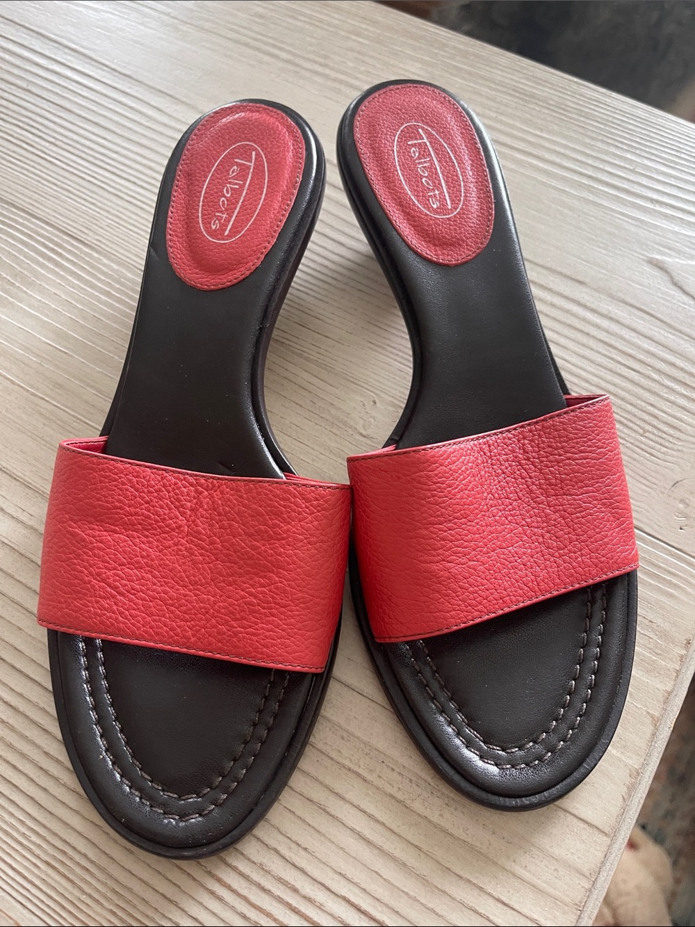 Talbots Red Leather Slide Mules with Black Footbed